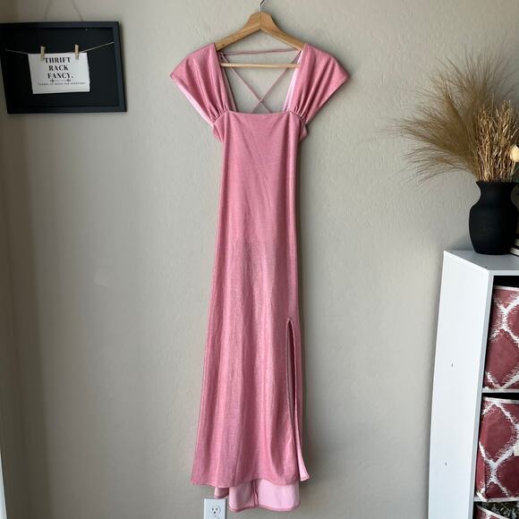 Siedres Dress Pink Sparkly Strappy Lace Up Cap Sleeve Maxi Dress w Slit Size L - Picture 1 of 8